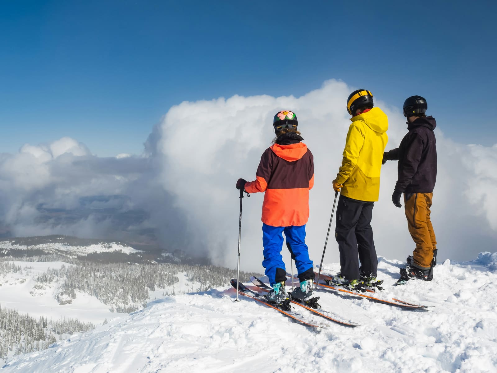 Skifahrende stehen auf dem Gipfel und blicken über eine Wolkenwand